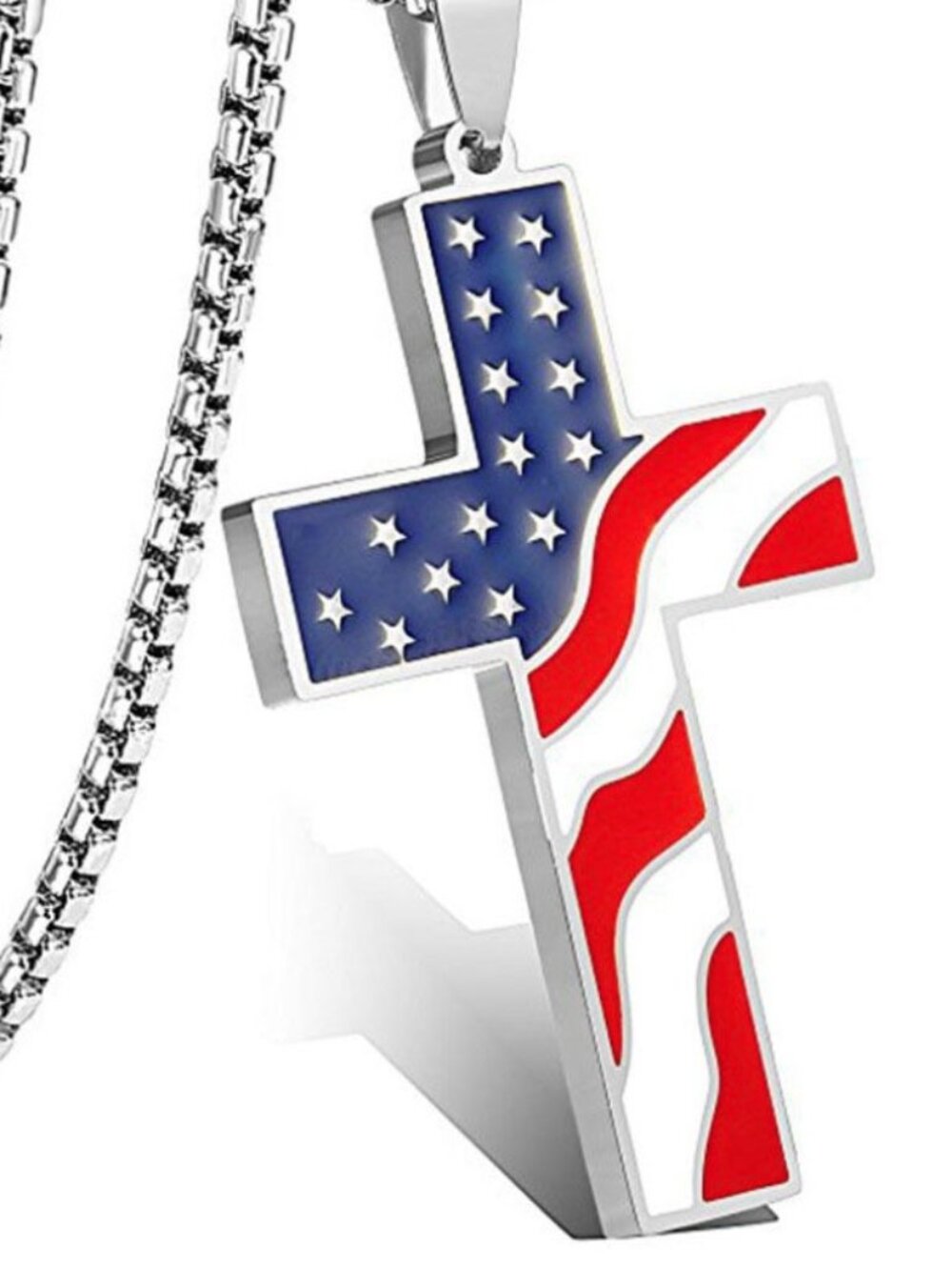 Silver Mens American Flag Cross Pendant Necklace Religious Christian Chain 24"